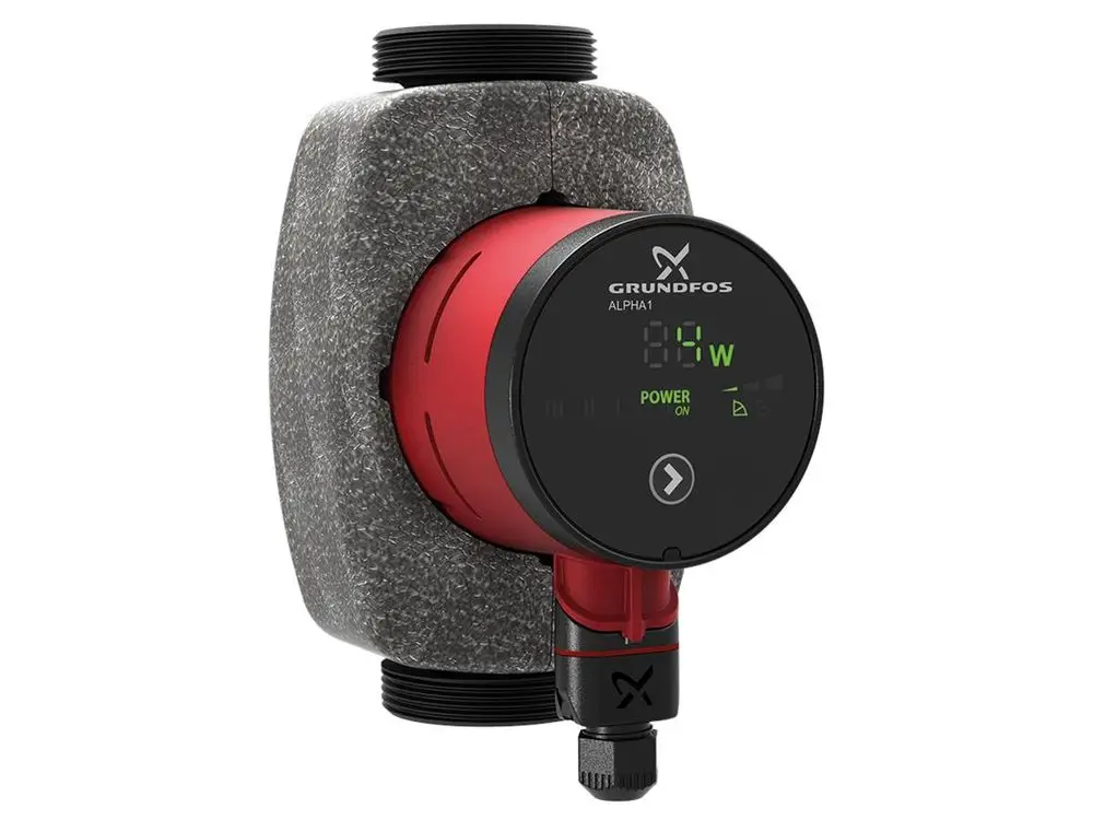 Umwälzpumpe von Grundfos mit digitalem Display, leicht erkennbarer roter Zylinder und isolierender Umhüllung; zur Heizungs- oder Wasserversorgung geeignet.